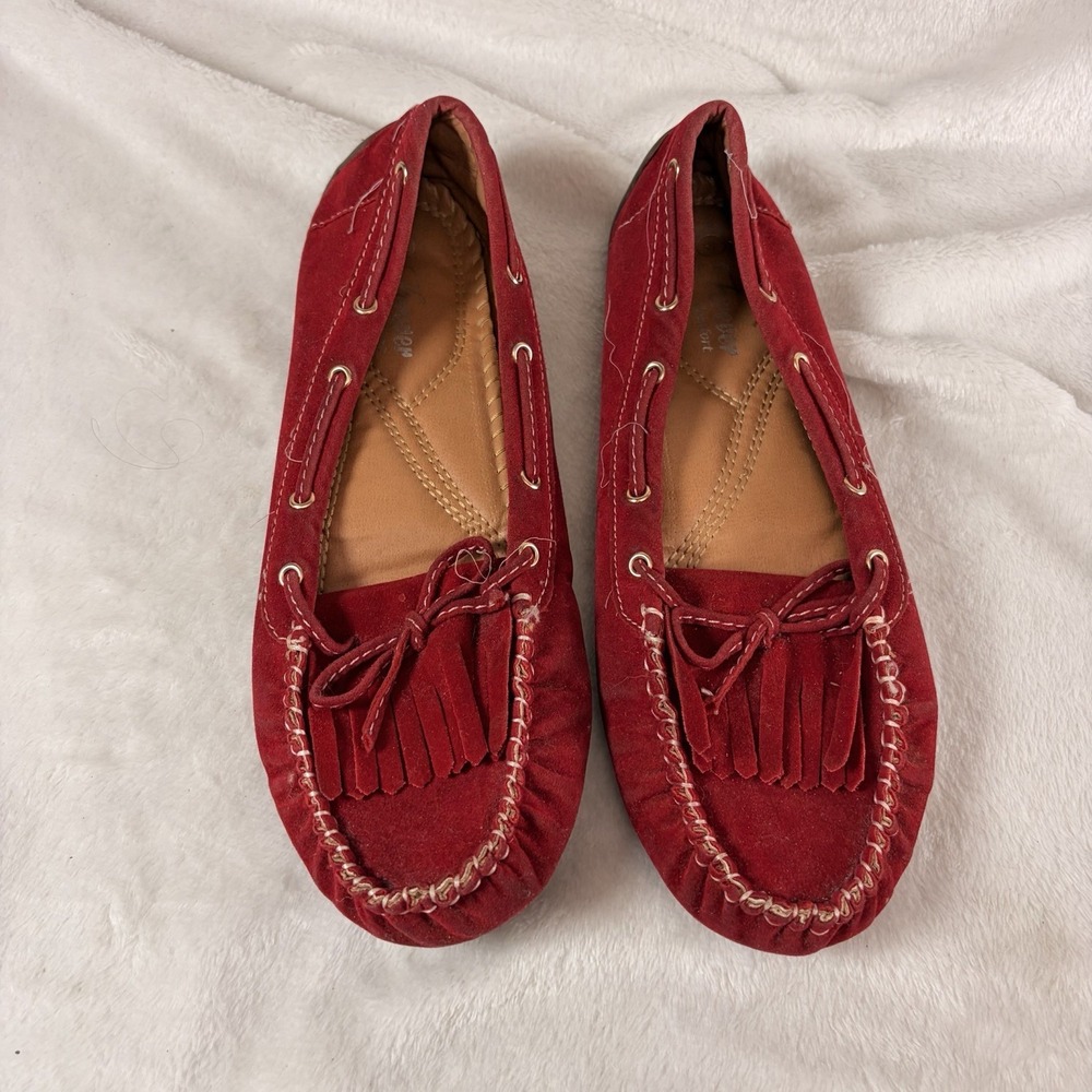 Forever Comfort Jimmi‎ Red Suede Moccasin Flats Bow Tassel 8 Indie Preppy Boho